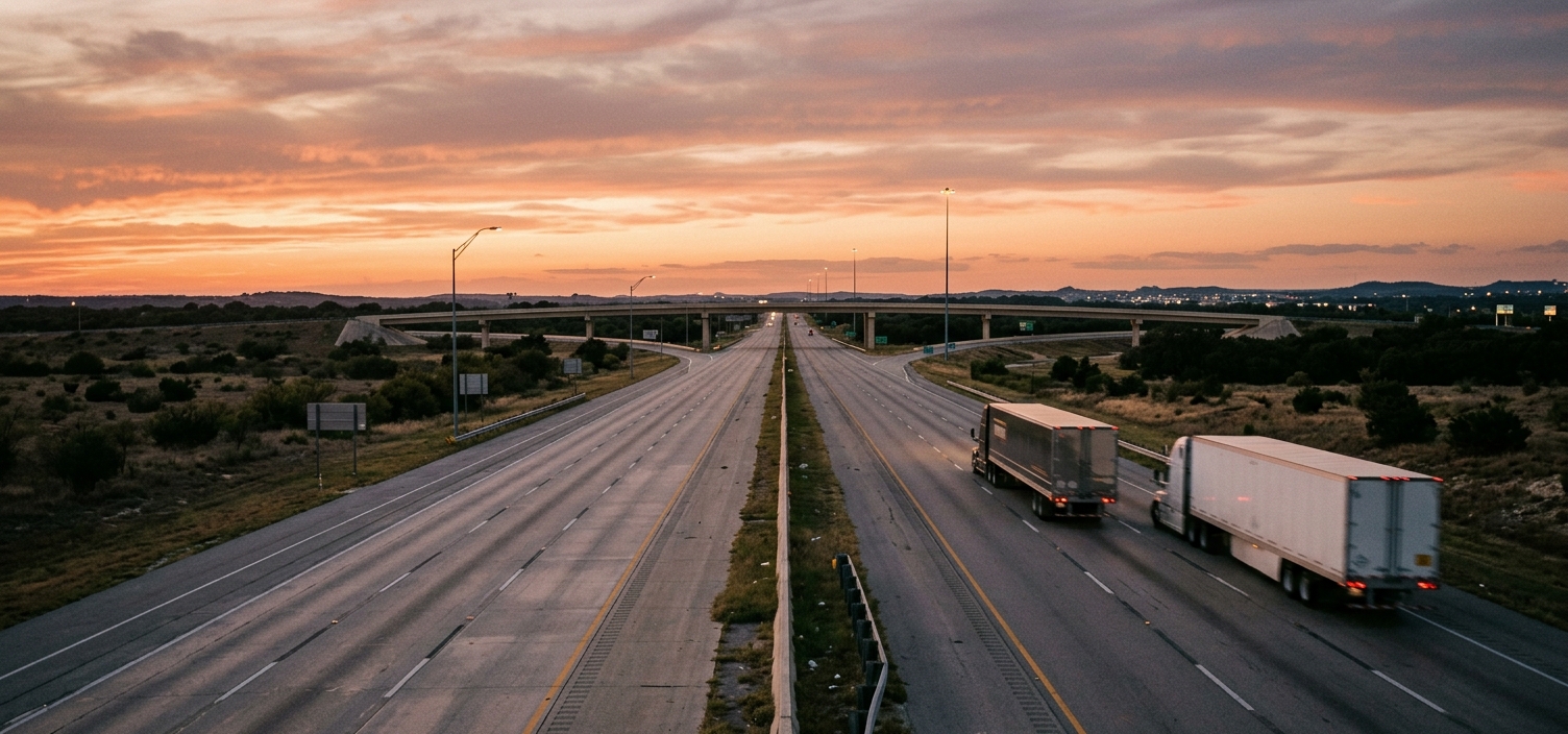 An open highway across the High Plains at dusk, semis running the corridor.
