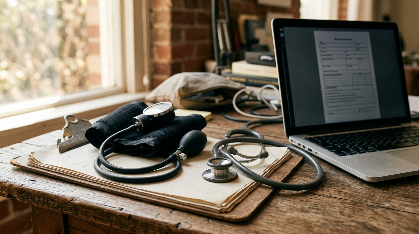 Close-up of a blood pressure cuff and laptop set up for an on-site DOT exam.