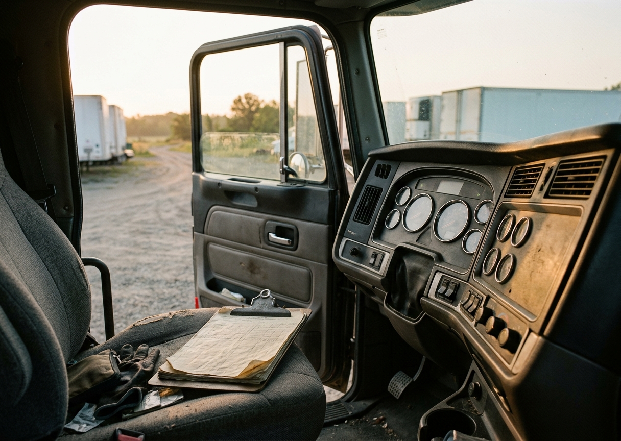 Paperwork on the seat of a parked milk-tanker truck in a High Plains fleet yard.