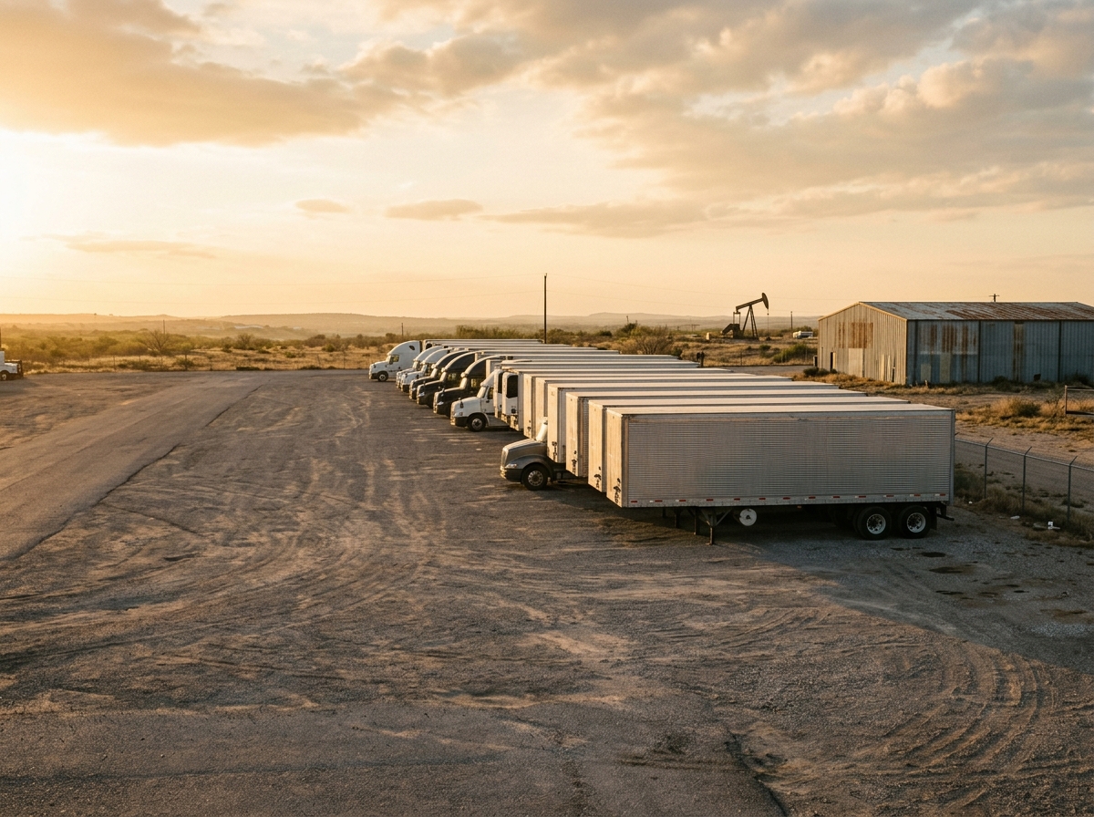 Semi trucks lined up in a High Plains trucking yard at golden hour.